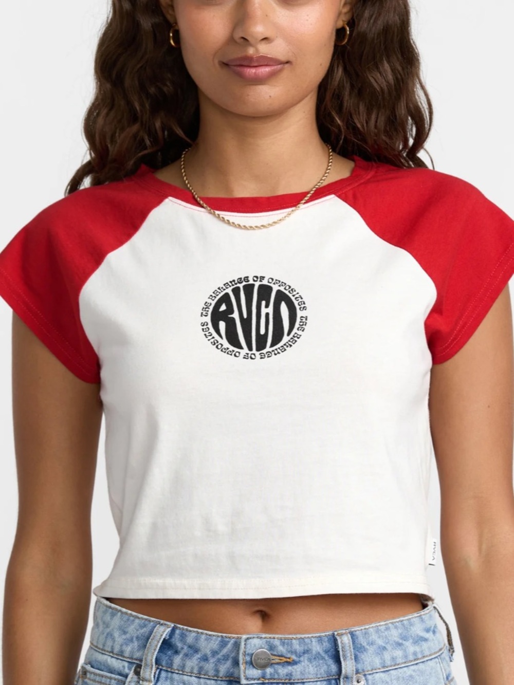RVCA Red and White Raglan Crop Tee with Center Logo